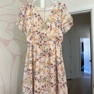Floral Midi Dress in Cream and Pink